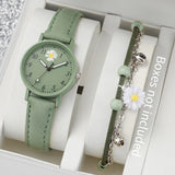 Women's Leather Watch & Green Flower Bracelet
